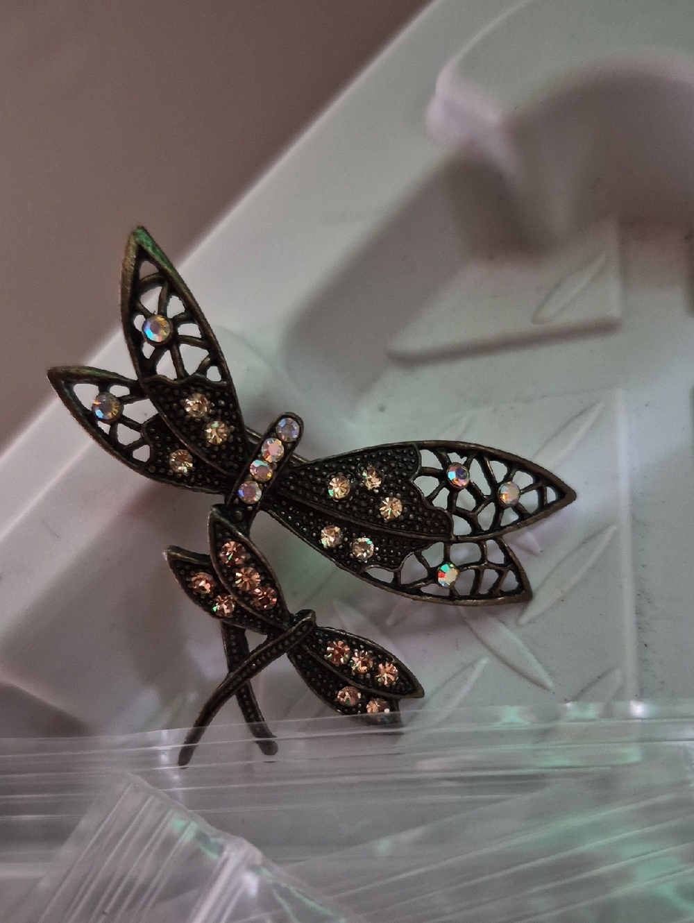 Vintage dragonfly aurora borealis Crystal Bronze Pin Brooch